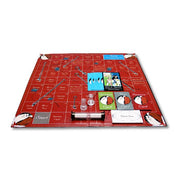A red board game with cards, tokens, and an hourglass for couples.
