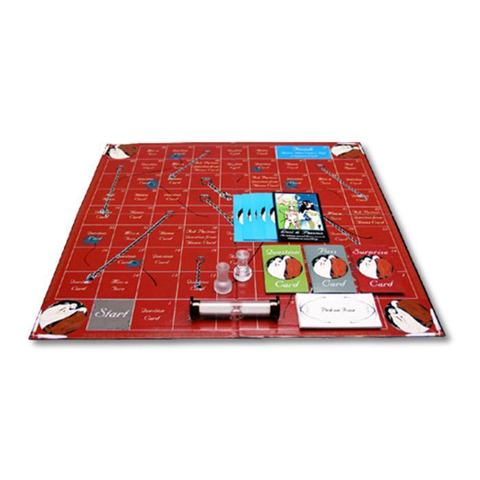 A red board game with cards, tokens, and an hourglass for couples.