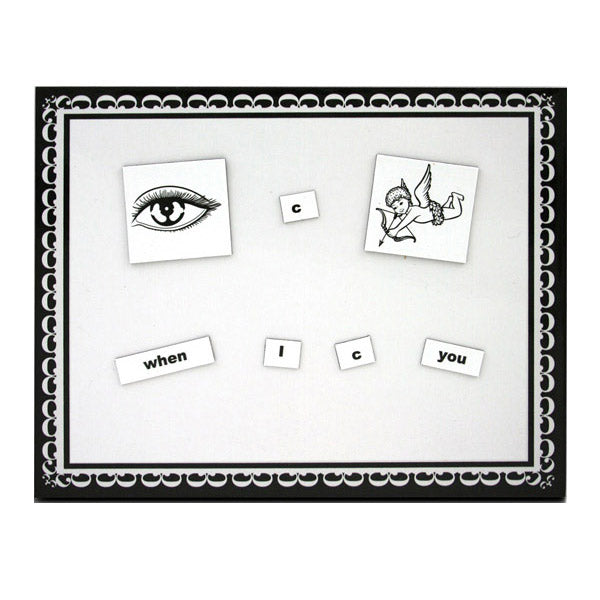 Magnetic word game with eye and cupid images and word tiles.