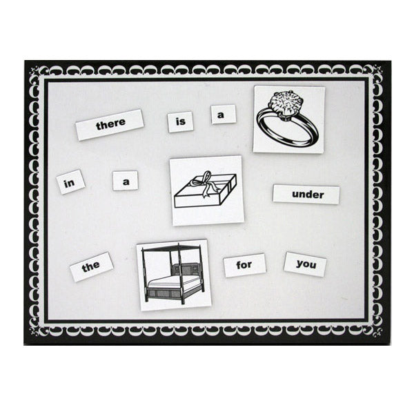 Magnetic word game with romance-themed images and words.