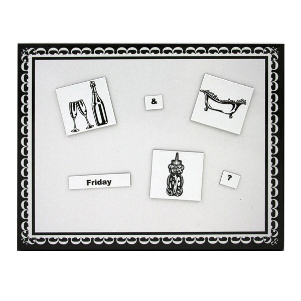Magnetic word game with romantic images and words on a board.