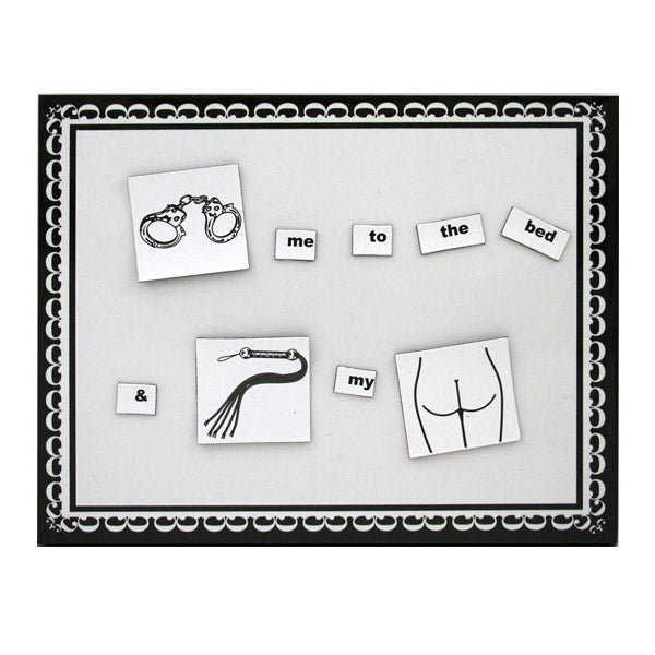 Magnetic word game with handcuffs, whip, and buttock images.