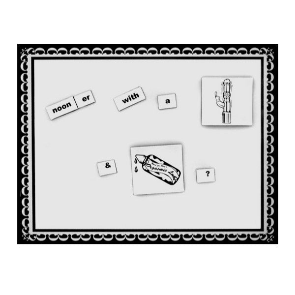 Magnetic word game with suggestive images and words.