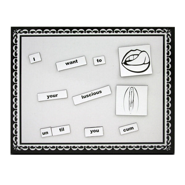 Magnetic word game with suggestive images and words.