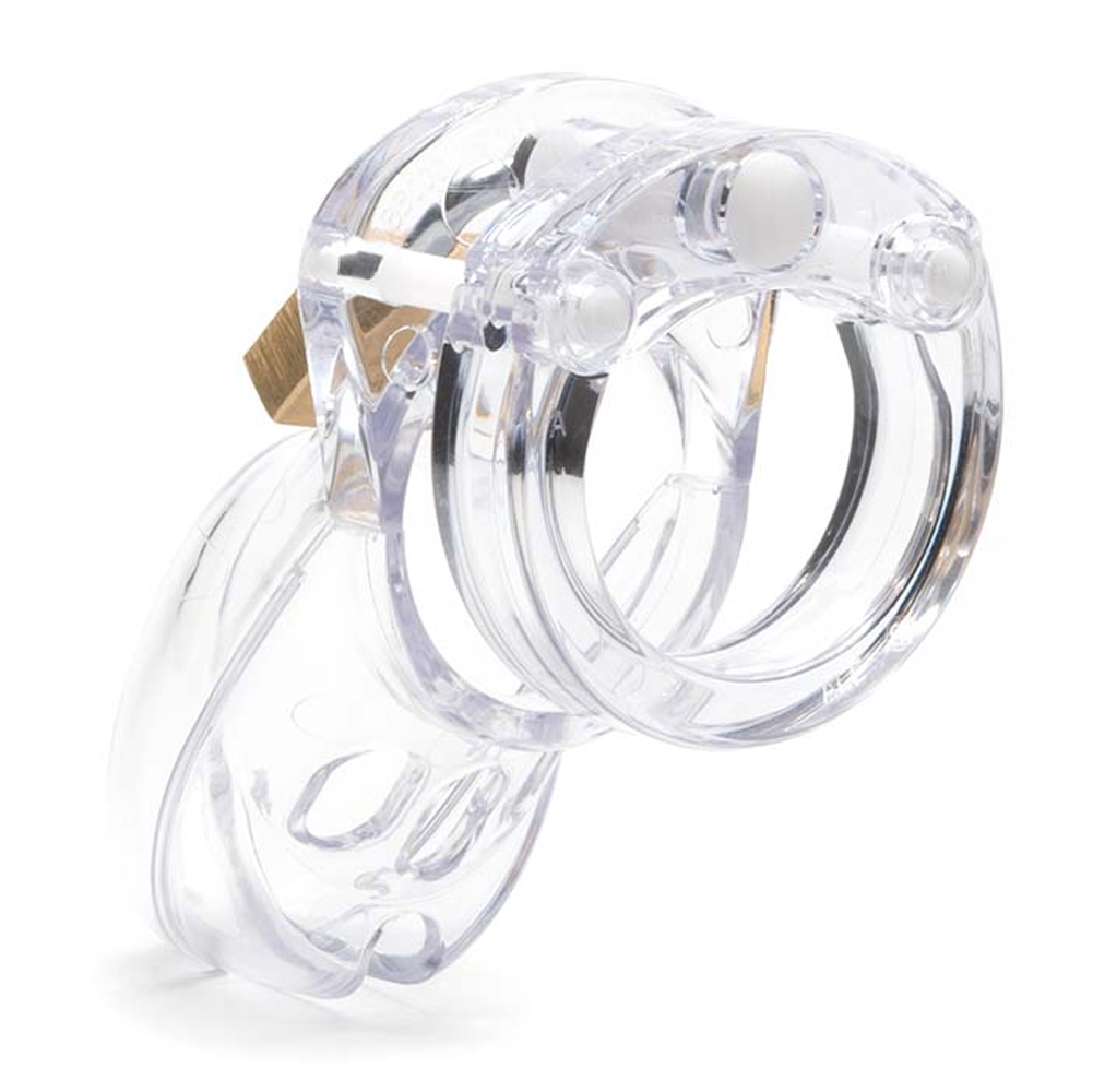 Clear polycarbonate male chastity device with a brass lock.