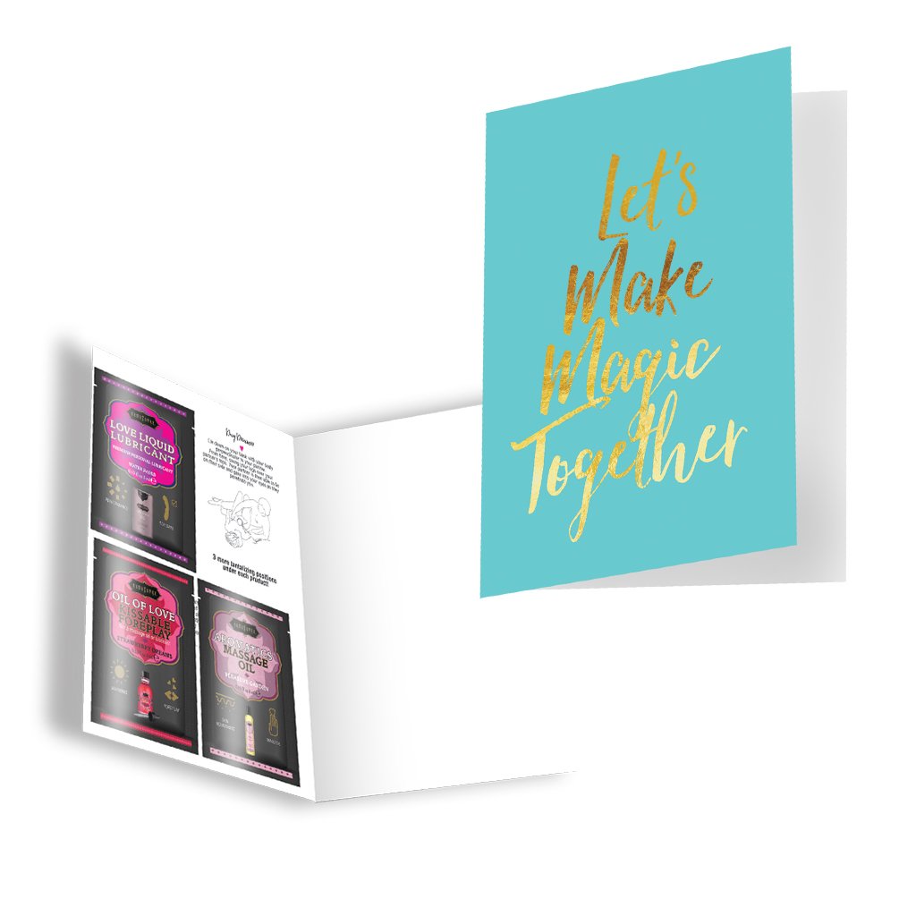 A turquoise card with gold lettering that says "Let's Make Magic Together" rests beside an open booklet showing product samples.