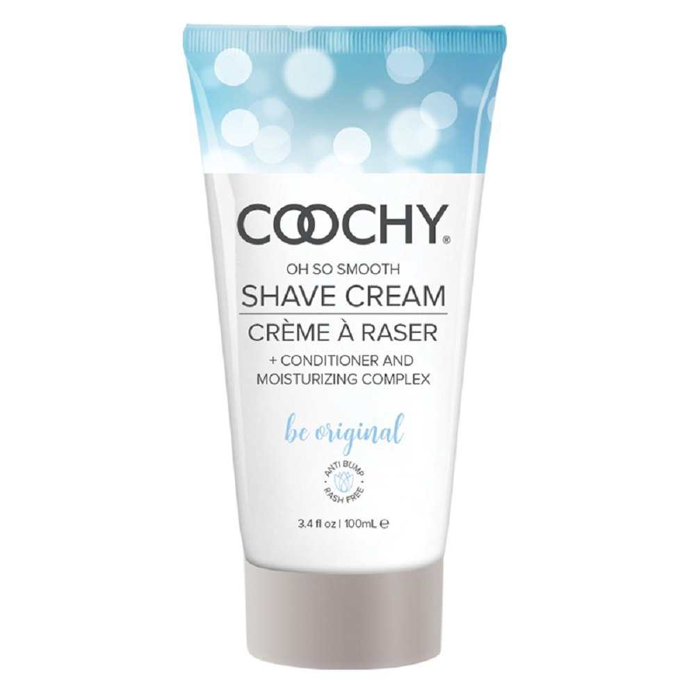 Coochy Be Original Shave Cream tube with blue bokeh design.