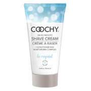 Coochy Be Original Shave Cream tube with blue bokeh design.