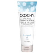 Coochy Be Original shave cream with a blue and white bubble design.