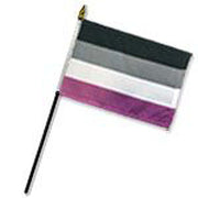 Asexual pride stick flag with black, gray, white, and purple stripes.