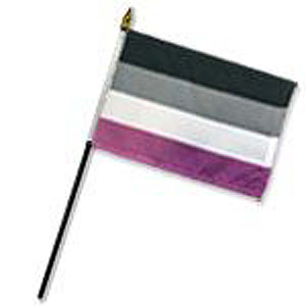 Asexual pride stick flag with black, gray, white, and purple stripes.