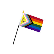 Inclusive Pride stick flag with rainbow and intersex symbols.
