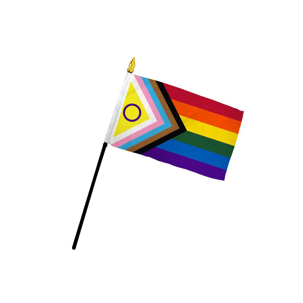 Inclusive Pride stick flag with rainbow and intersex symbols.