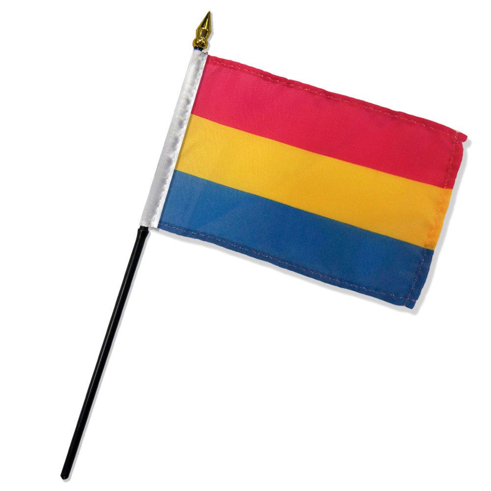 Pansexual pride stick flag with red, yellow, and blue stripes on a black stick.