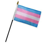 Transgender pride stick flag with blue, pink, and white stripes.