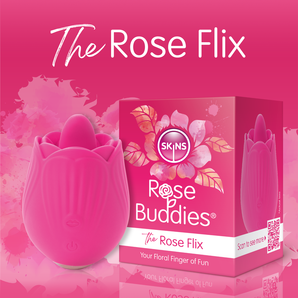 A pink rose-shaped mini vibrator with a box that says "Rose Flix".
