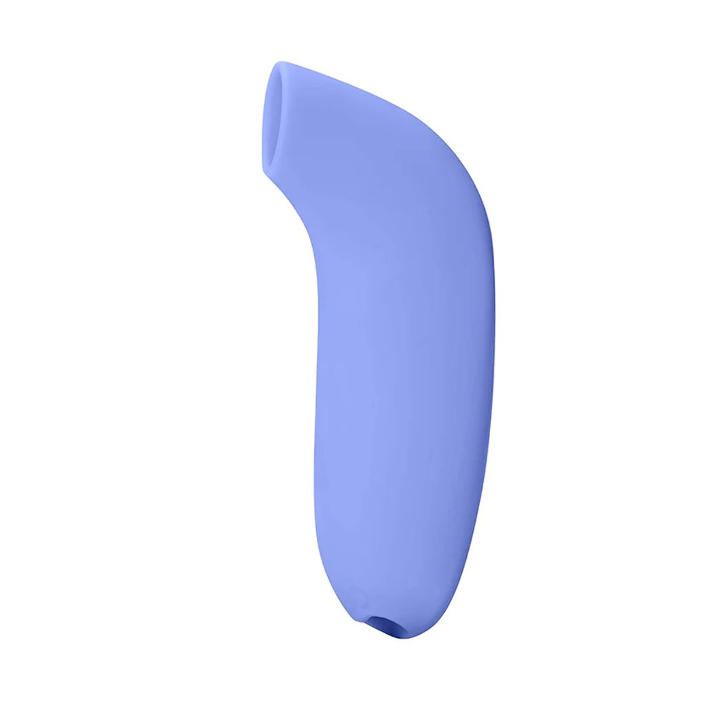 A curved, light purple silicone suction stimulator with an opening at the top.