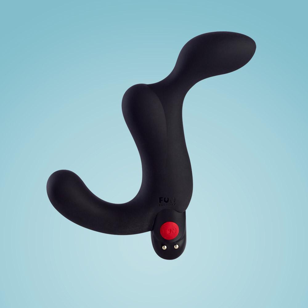 Black vibrating prostate plug with a red button and two small silver buttons.