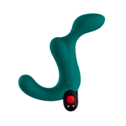 Teal Duke vibrating prostate plug with a red button and two gold accents.