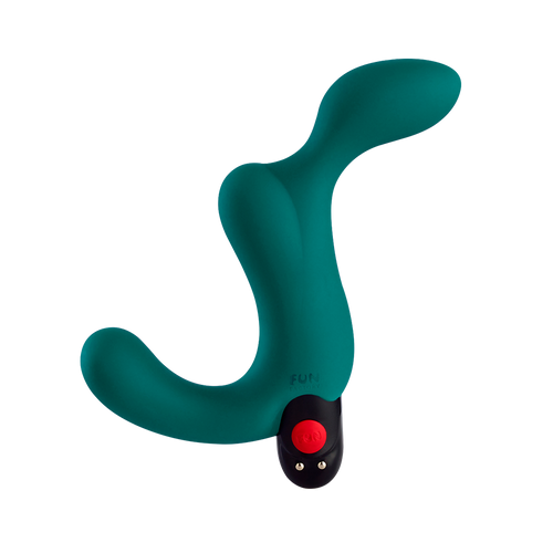Teal Duke vibrating prostate plug with a red button and two gold accents.
