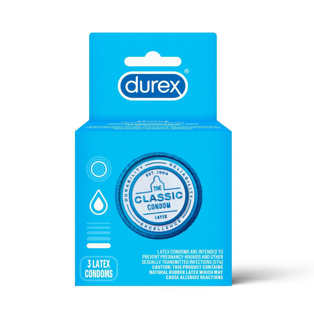 Durex Classic 3 pack of lubricated latex condoms.