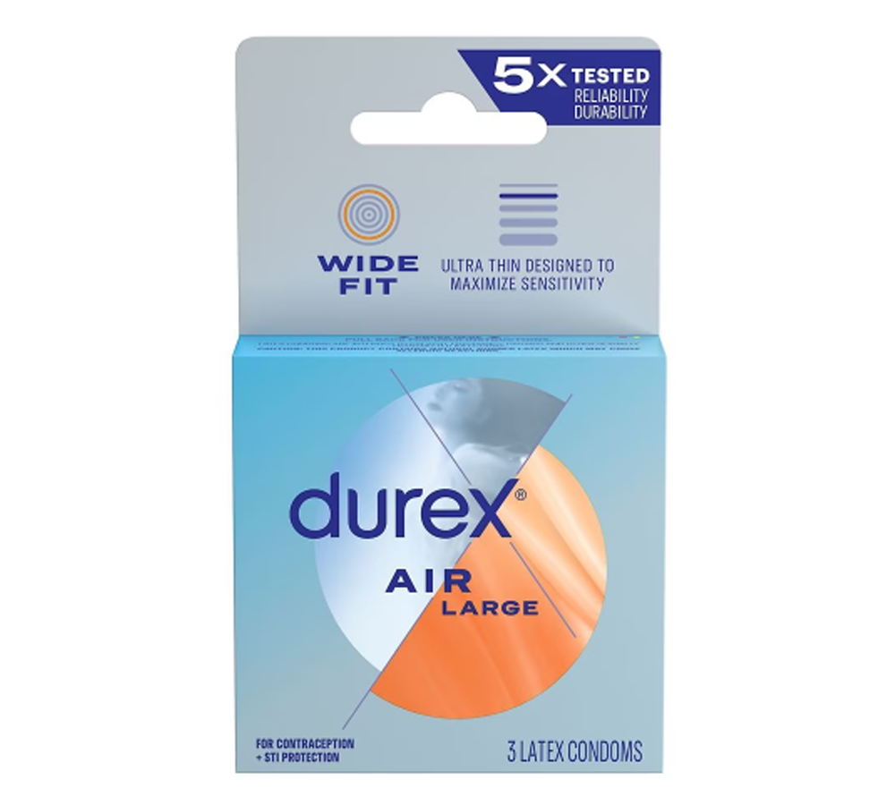 Durex Air large condoms, 3 pack, wide fit, ultra thin, lubricated latex.
