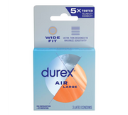 Durex Air large condoms, 3 pack, wide fit, ultra thin, lubricated latex.
