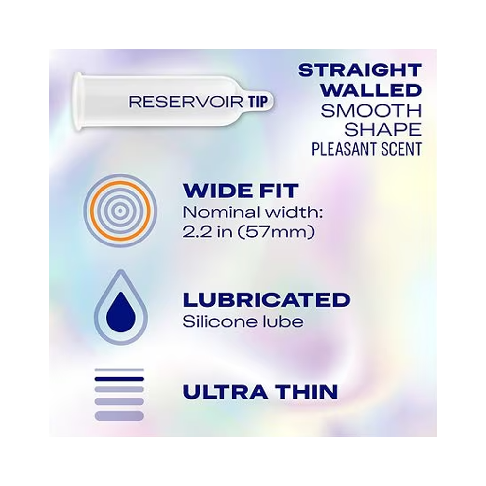 Durex wide fit ultra thin condoms with reservoir tip, wide fit, lubricated, and ultra thin.