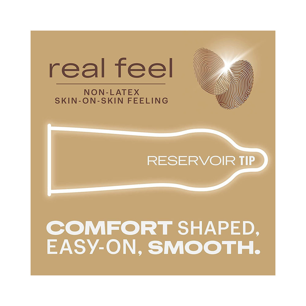 Non-latex condom with reservoir tip, emphasizing real feel and comfort.