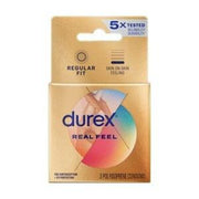 Durex Real Feel condoms, 3 pack, with a circular graphic.