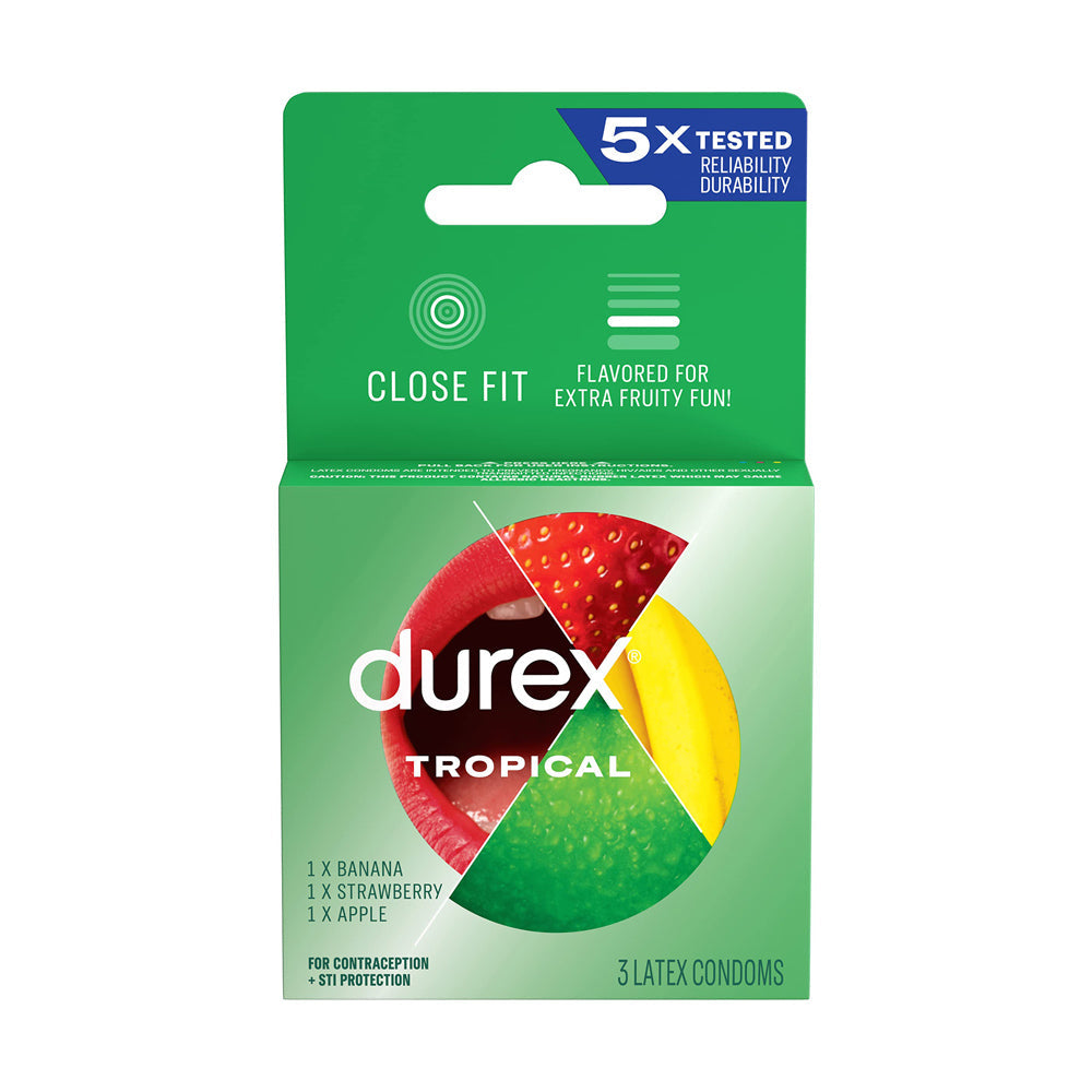 Durex Tropical flavored condoms, 3-pack, with banana, strawberry, and apple flavors.