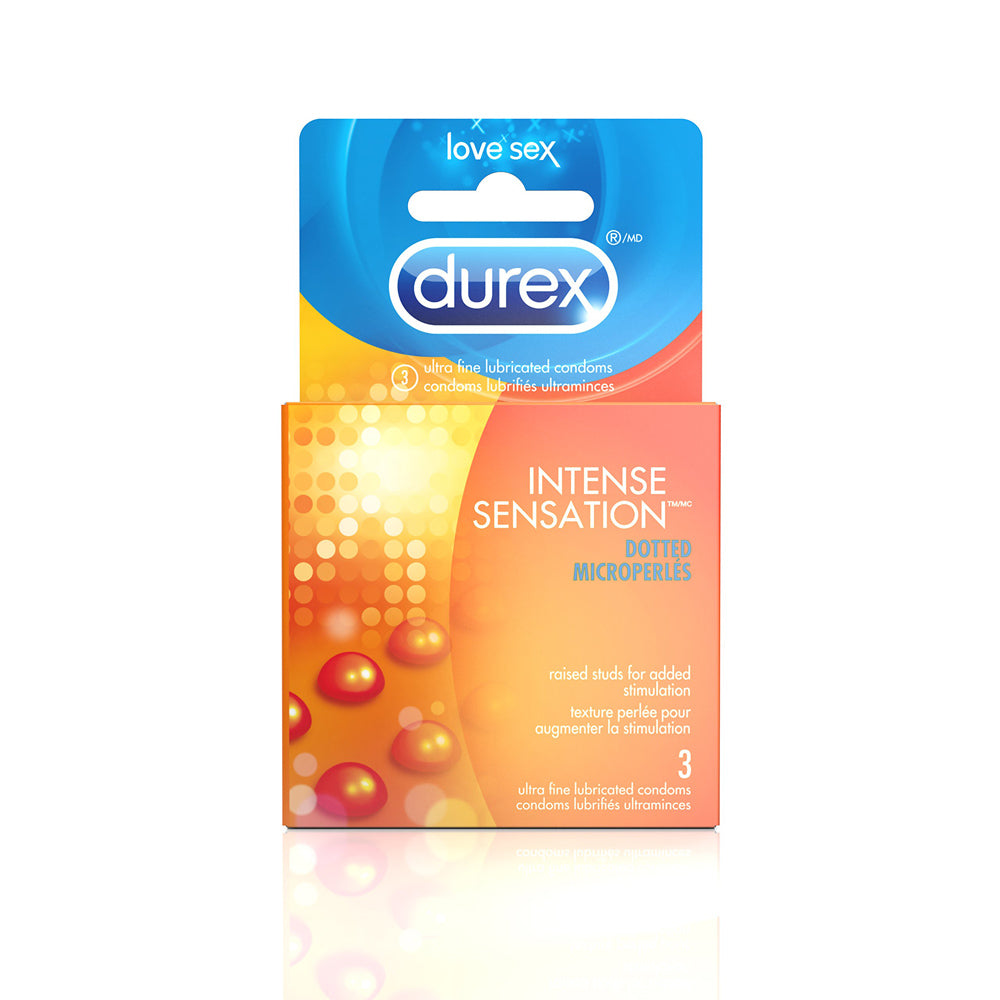 Durex Intense Sensation condoms with raised studs, 3 pack.