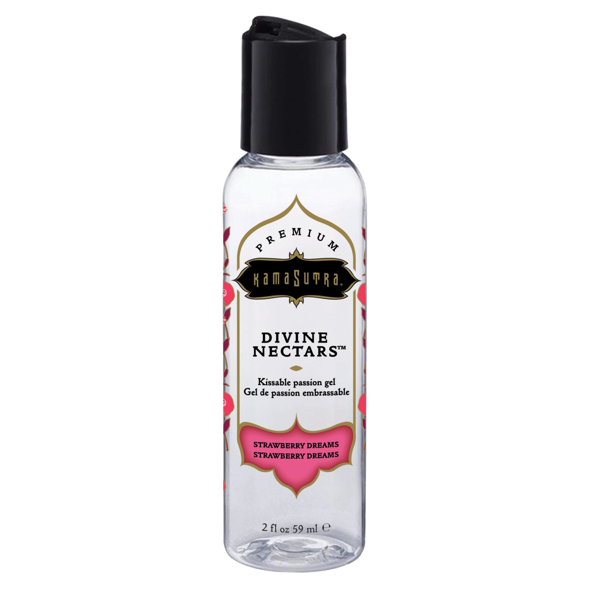 Kama Sutra Strawberry Dreams kissable passion gel in a clear bottle with a black cap.