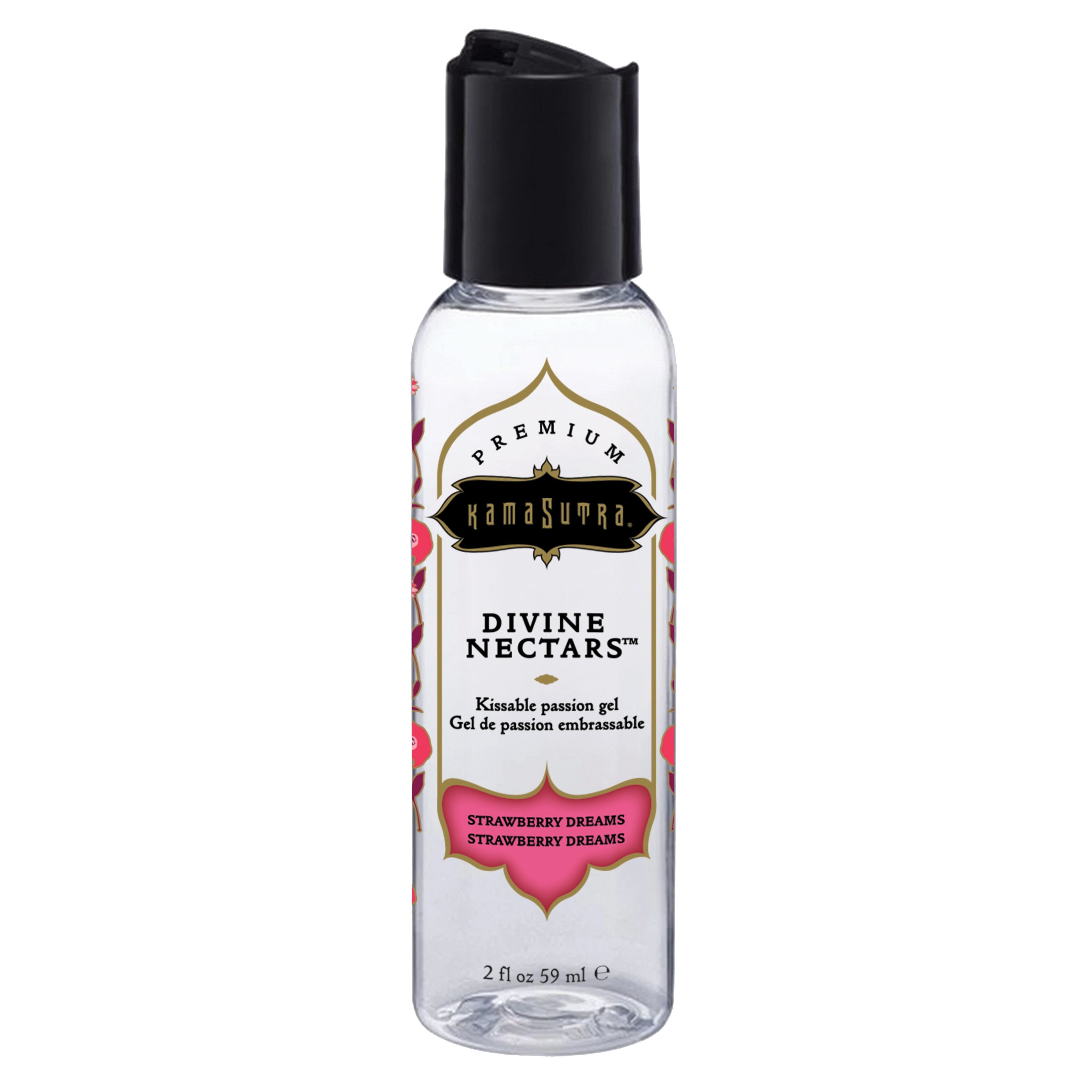 Kama Sutra Strawberry Dreams kissable passion gel in a clear bottle with a black cap.