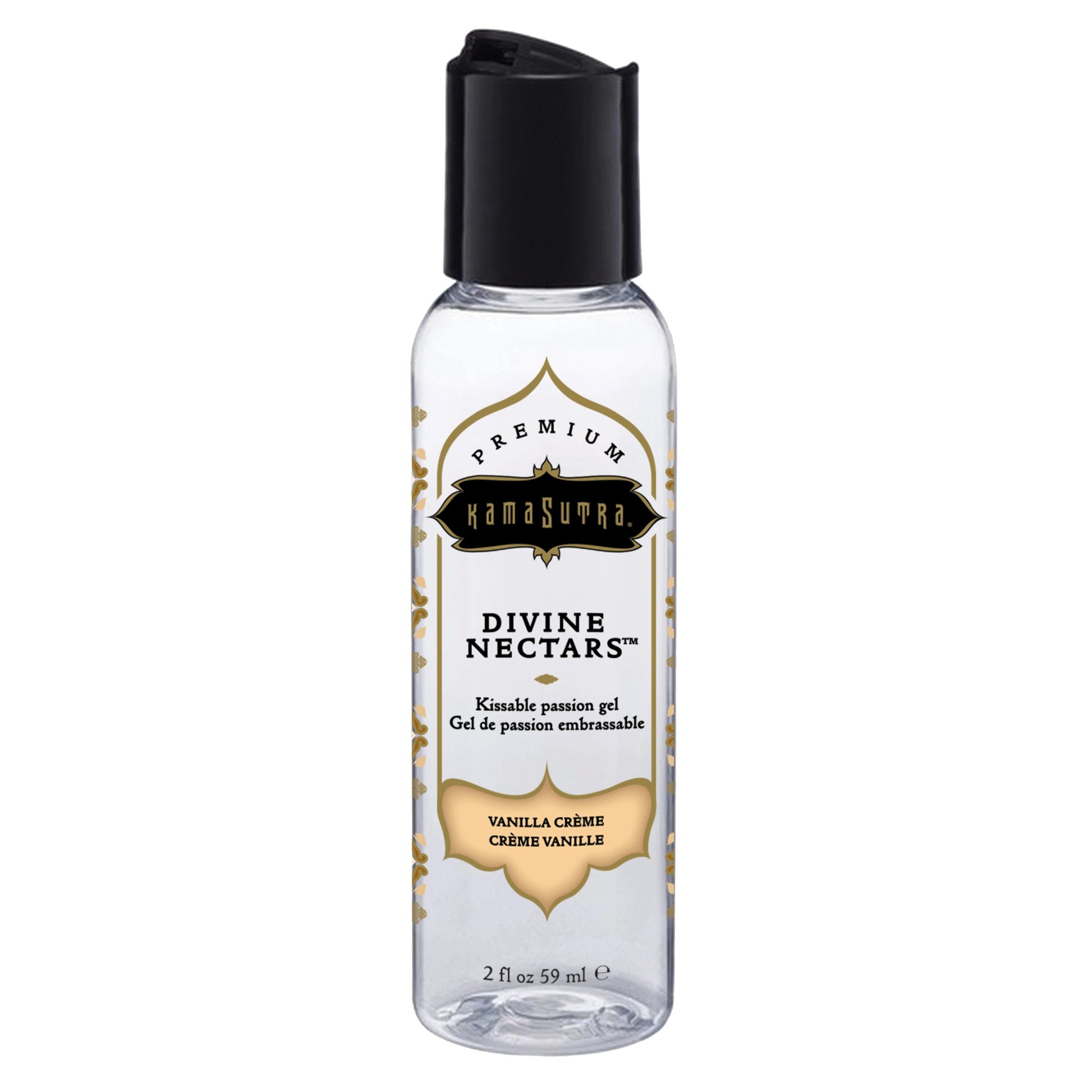 Kama Sutra Divine Nectars Vanilla Crème flavored water-based lube in a clear bottle with a black cap.