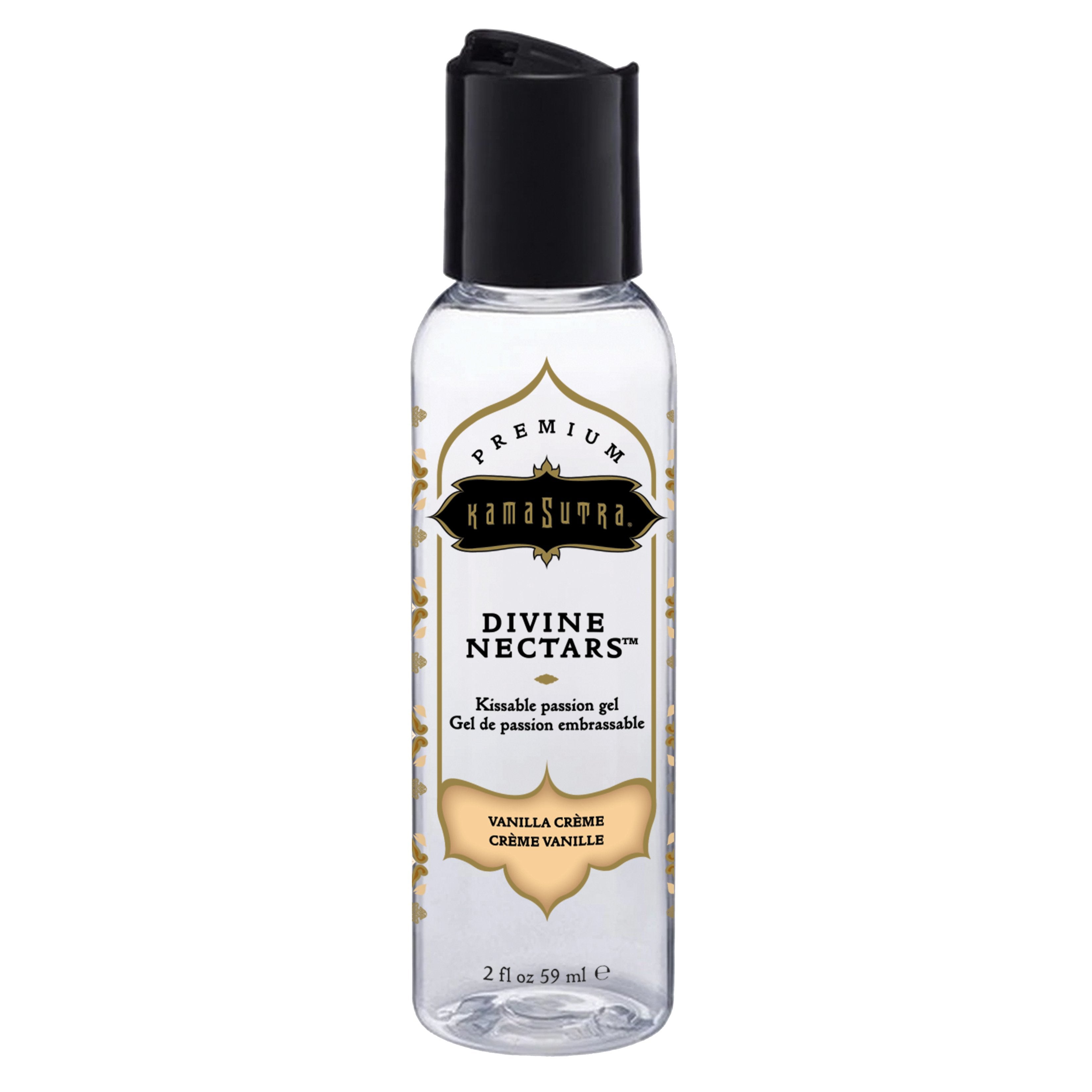 Kama Sutra Divine Nectars Vanilla Crème flavored water-based lube in a clear bottle with a black cap.