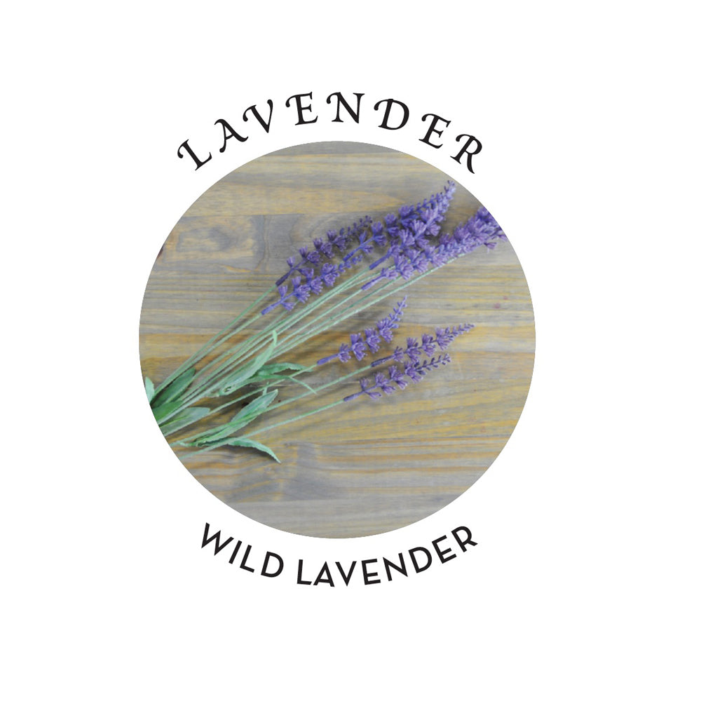 Lavender sprigs on a wooden background with text.
