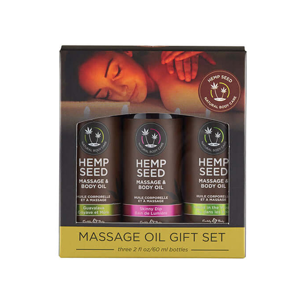 Hemp Seed Massage Oil 3-piece gift set with three 2 oz bottles.