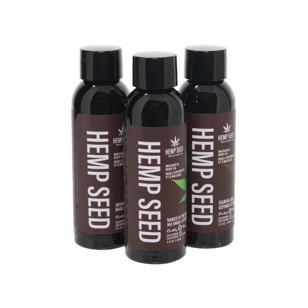 Three bottles of Hemp Seed massage oil in assorted scents.