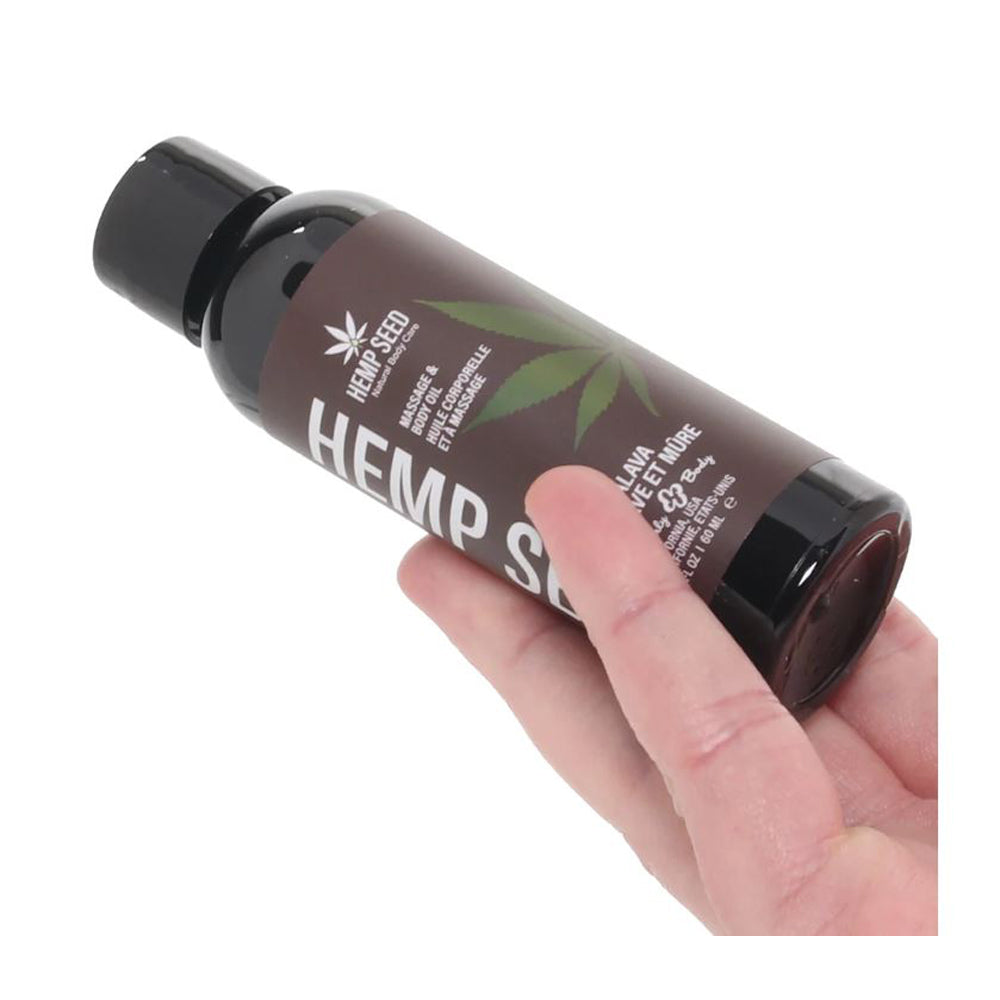 Hemp Seed Massage & Body Oil bottle with a hemp leaf design.