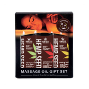 Hemp Seed massage oil gift set with three bottles and a woman's face on the box.