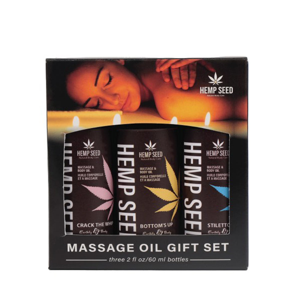Hemp Seed Massage Oil Gift Set with three 2 fl oz bottles.