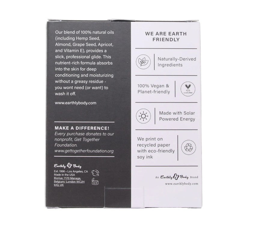 Box with product information about Earthly Body natural oils and eco-friendly practices.
