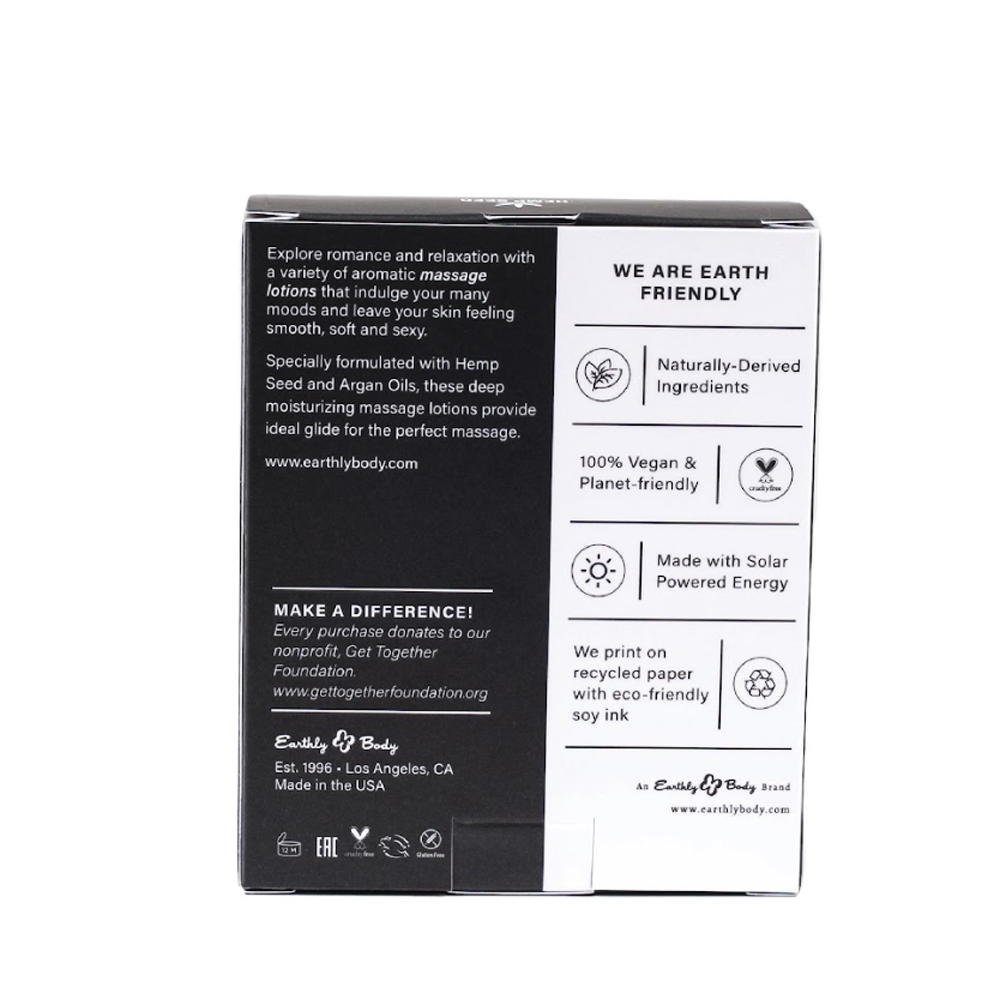 Box of Earthly Body massage lotion with "We Are Earth Friendly" claims.