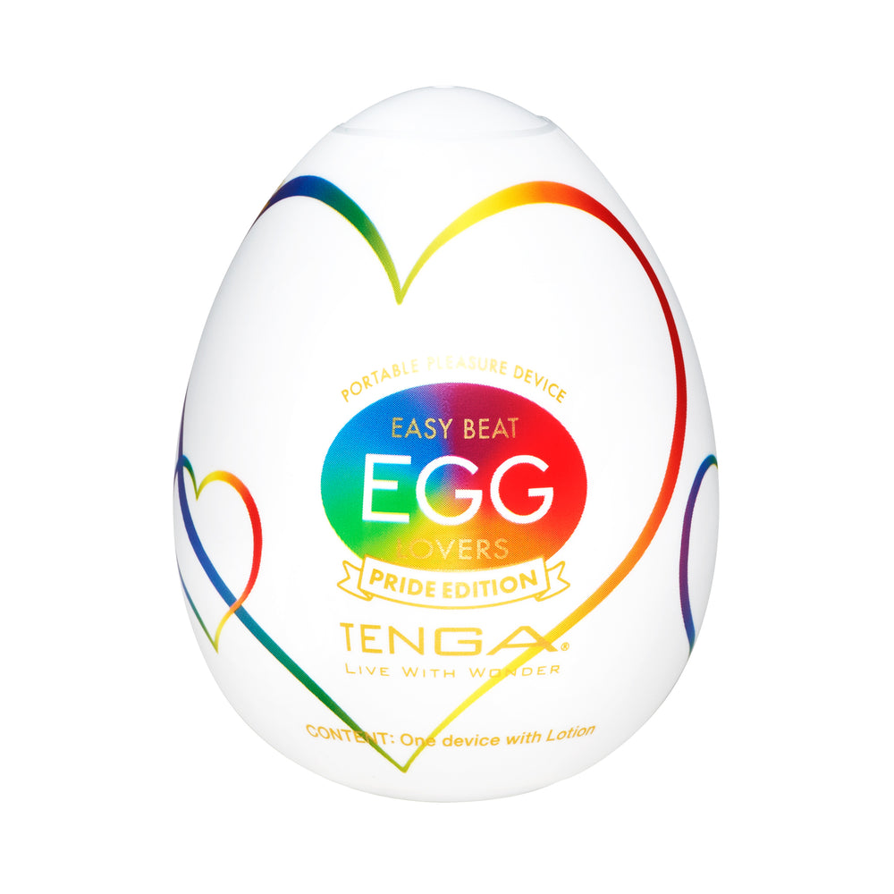 Tenga Egg Lovers Pride Edition male masturbator with rainbow heart accents.