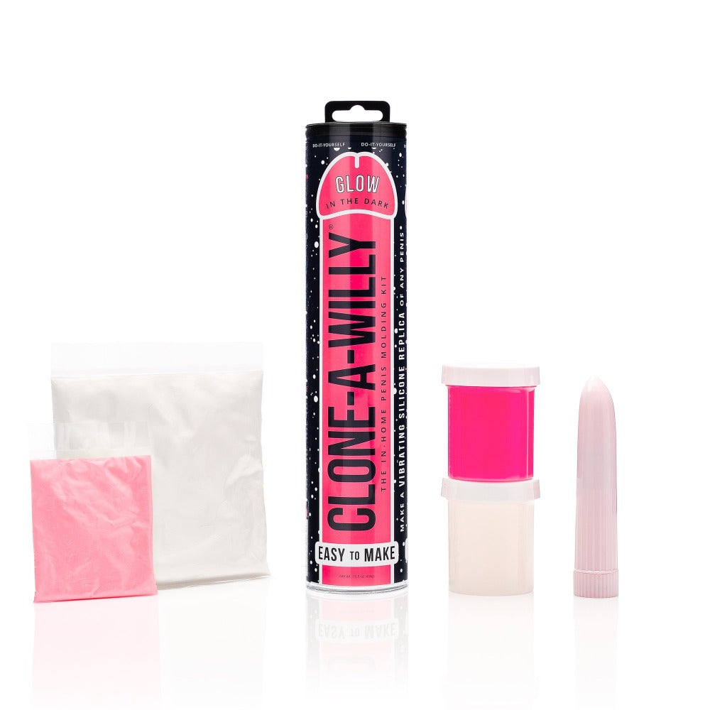 Glow in the dark silicone dildo casting kit with molding supplies and vibrator.
