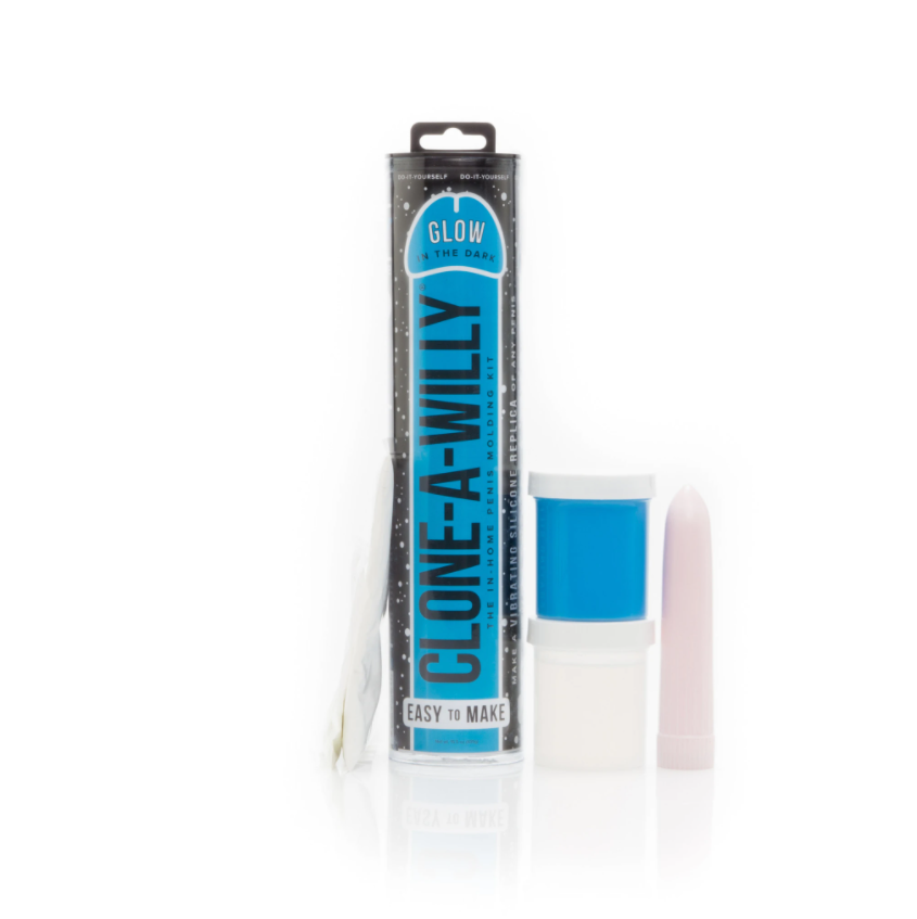 Glow in the dark blue silicone dildo casting kit with molding tube and vibrator.