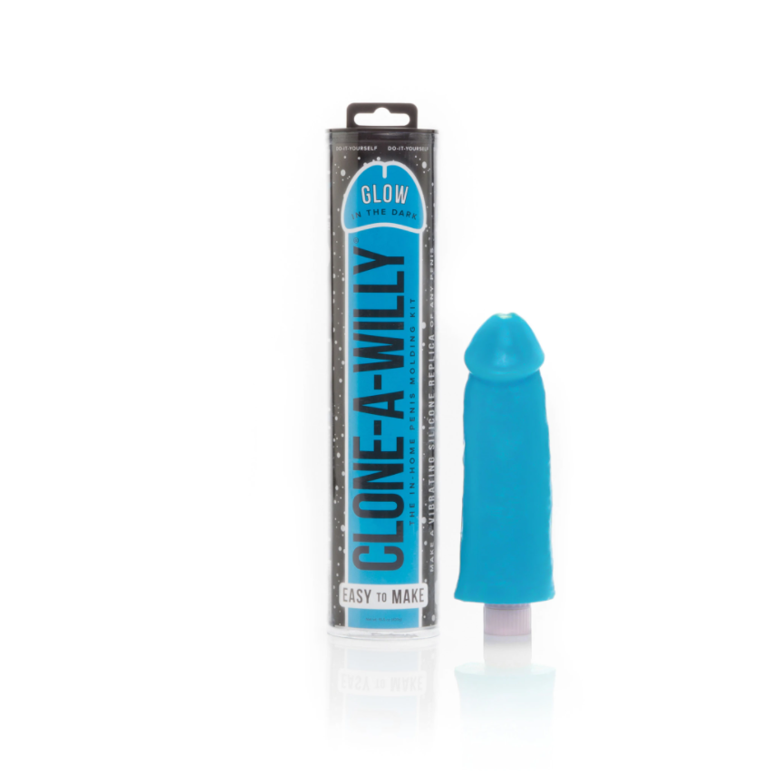 Blue glow-in-the-dark silicone dildo casting kit with molding tube and vibrator.