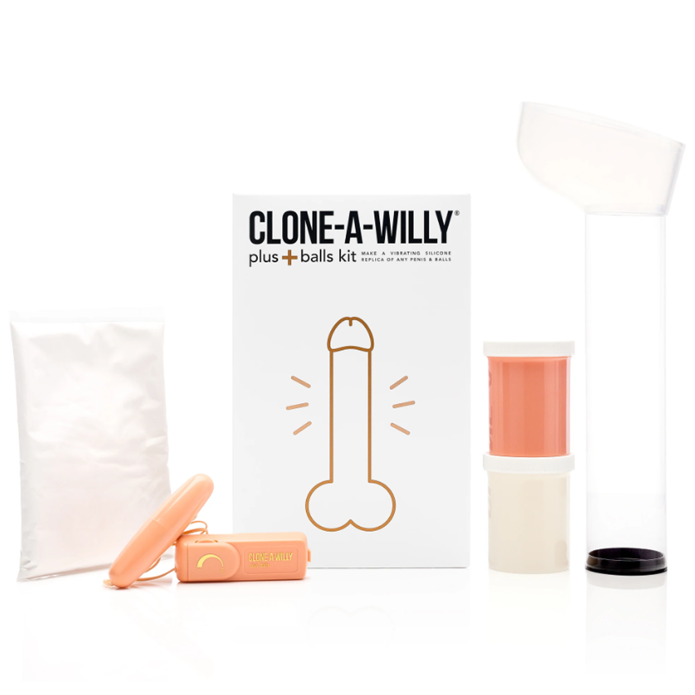 DIY silicone penis and balls casting kit with light tone silicone and vibrator.