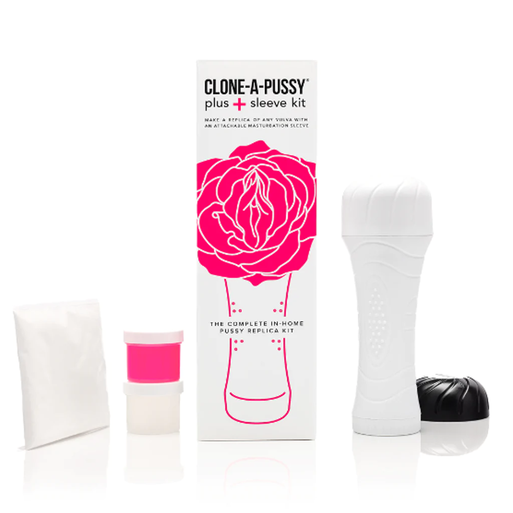 Clone-A-Pussy Plus+ kit with white sleeve and pink molding material.